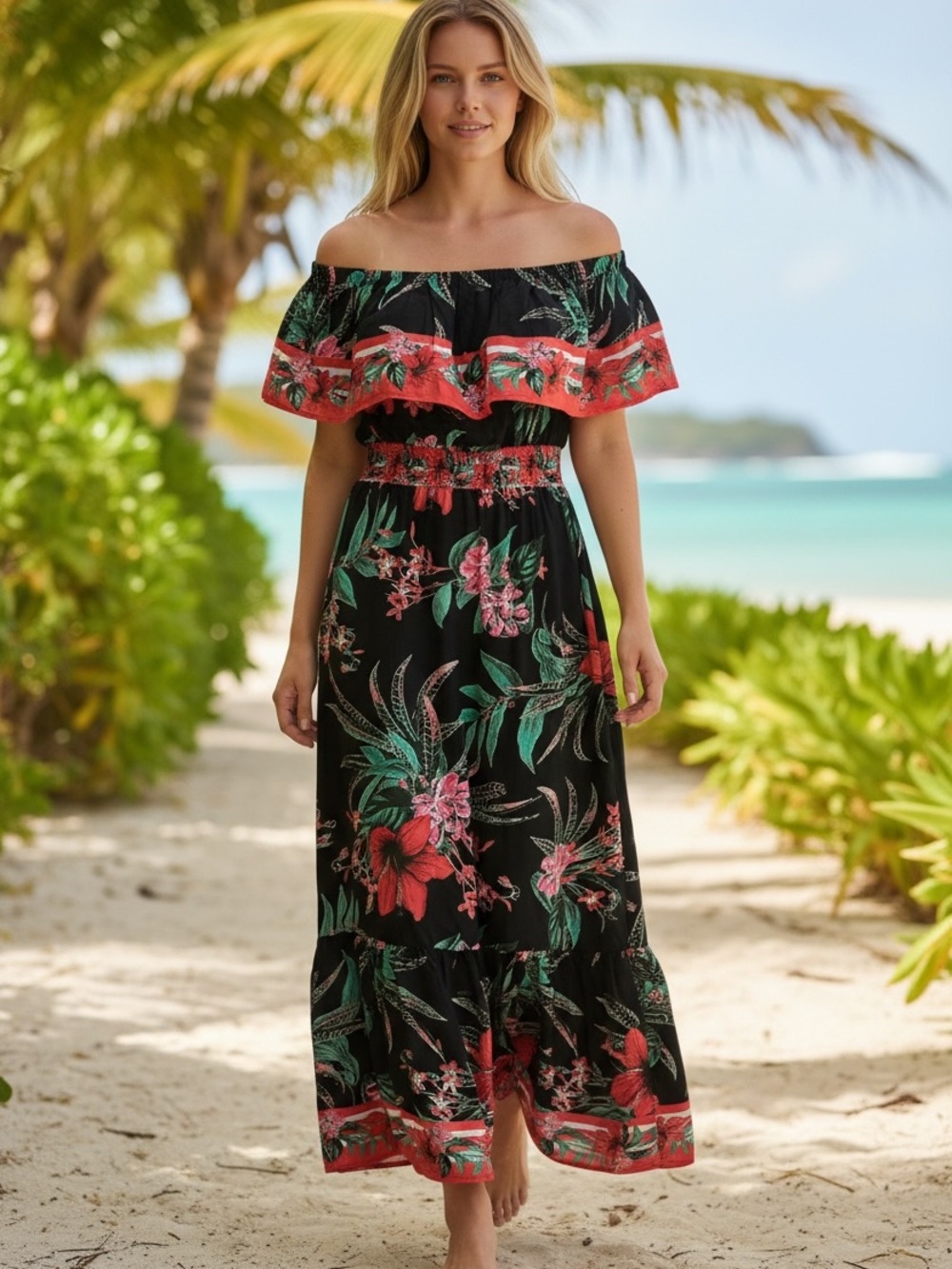 Colleen Lopez Black Maxi Dress with Red and Teal Floral Print